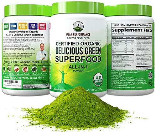 Peak Performance Organic Greens Superfood Powder. Best Tasting Organic Green Juice Vegan Super Food with 25+ All Natural Ingredients for Max Energy and Detox. Spirulina, Spinach, Kale, Probiotics