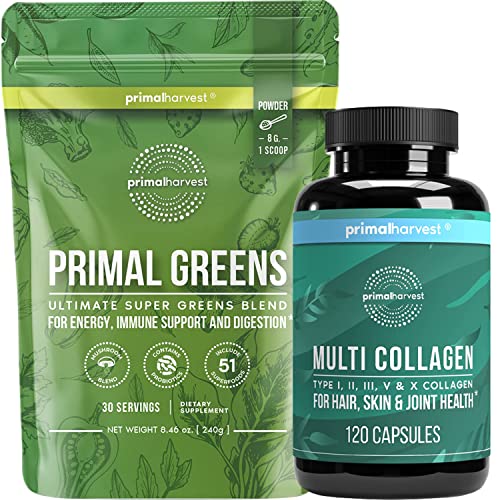 Super Greens & Collagen Capsules Supplements for Women and Men by Primal Harvest - Superfood Greens Powder and Collagen Peptides Capsules for Hair, Skin, and Nails Bundle