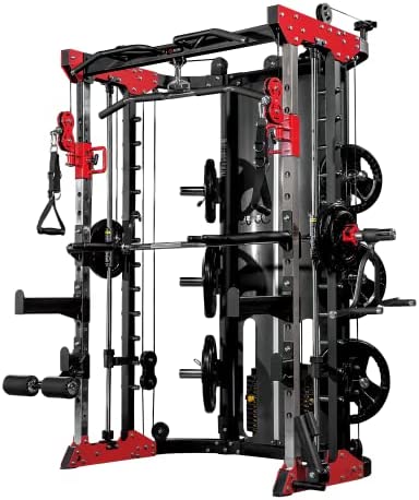 ALTAS STRENGTH Home Gym Smith Machine with Pulley System Gym Squat Rack Pull Up Bar Upper Body Strength Training Leg Developer Commercial Fitness Equipment Included Accessories 3058