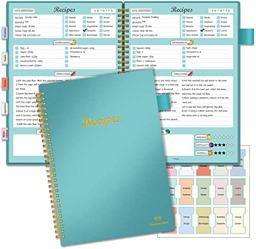 Recipe Book to Write in Your Own Recipes, Blank Recipe Notebook with 15 Tabs for Family Cooking Lover, 120 Pages Recipe Organizer, 7 x 10", Teal