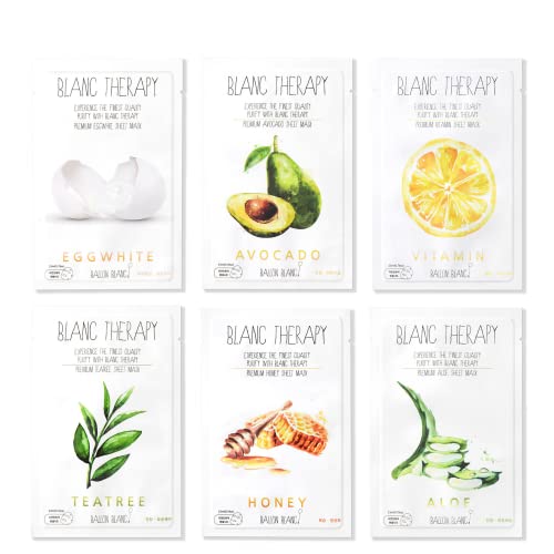 Blanc Therapy | Relaxing Self Care Spa Gift Face Facial Mask Skin Care Sheet Set Infused with Aloe, Tea Tree, Avocado, Vitamin, Honey & Egg White 6 Skin Nutritional Sheet Masks for Women & Girls | Original