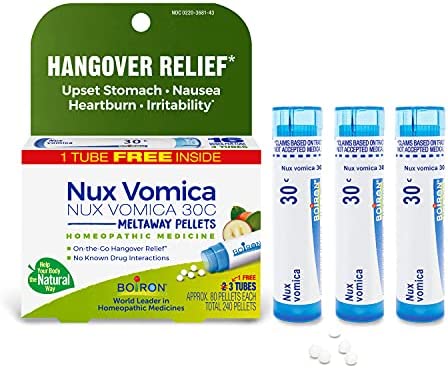 Boiron Nux Vomica 30C Homeopathic Medicine for Hangover Relief, Upset Stomach, Nausea, and Overindulgence of Food or Drink - 3 Count (240 Pellets)