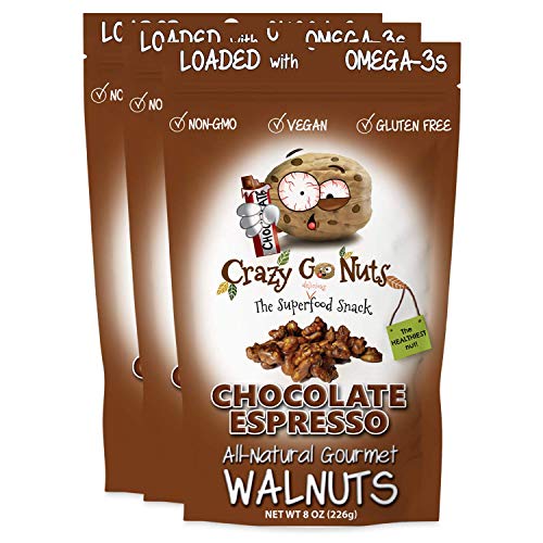 Crazy Go Nuts Walnuts - Chocolate Espresso, 8 oz (3-Pack) - Healthy Snacks, Vegan, Gluten Free, Superfood - Natural, Non-GMO, ALA, Omega-3 Fatty Acids, Good Fats, and Antioxidants