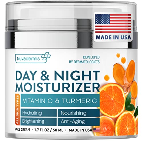Face Moisturizer with Vitamin C & Turmeric - Day & Night Cream - Made in USA Women Skincare - Anti Aging & Anti Wrinkle - Brightening Daily Facial Lotion - Oily, Dry & Combination Skin - Pump, 1.7 oz