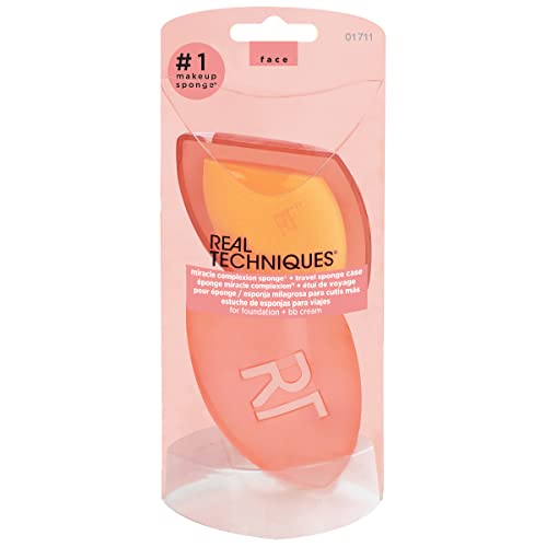 Real Techniques Miracle Complexion Beauty Sponge Makeup Blender with Case, Perfect For Travel, Beauty Sponge For Foundation Application, Streak-Free Makeup Tool, Cruelty Free, Latex Free, 2 Piece Set