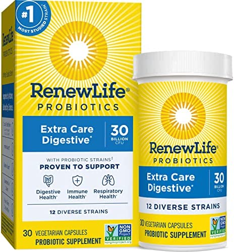 Renew Life Adult Probiotics, 30 Billion CFU Guaranteed, Probiotic Supplement for Digestive & Immune Health, Shelf Stable, Gluten Free, Extra Care, For Men & Women, 30 Capsules