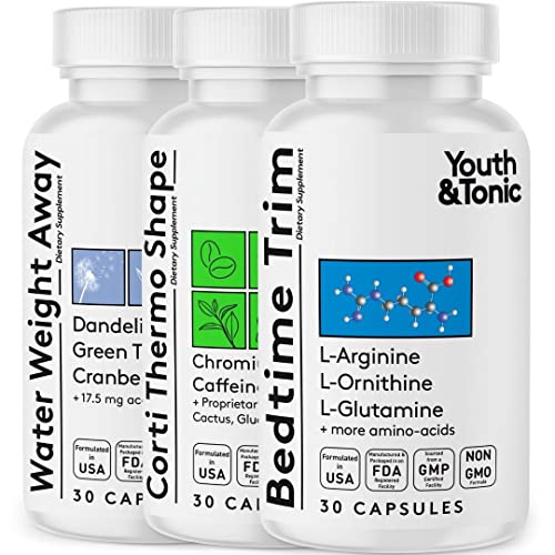 Shred Sculpt Lean 3 x Diet Pills w Water Weight Away & Cortithermo Shape & Bedtime Trim as Support for Metabolism Energy Cravings Water Retention Loss & Belly Bloating for Women & Men by Youth & Tonic