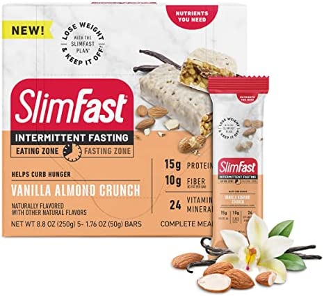 SlimFast Intermittent Fasting- Complete Meal Protein Bars, Vanilla Almond Crunch, 5 Bars (Pack of 1)