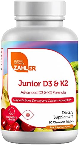 Zahler Junior D3 K2, Chewable Vitamin D with K2 for Kids, Vitamin D3 2000 IU and K2 for Children, Kosher, 90 Chewable Tablets