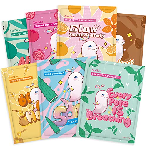 ZealSea Sheet Mask Face Mask Skin Care (Pack of 7) Beauty Facial Mask Kids Spa Face Mask Birthday Party gifts Women, Men kids Girls - Hydrate, Brighten, Moisturize,Soothe for All Skin Types (7 pcs)