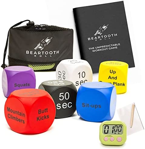 Fitness Dice (6-Pack) – Beartooth Roll The Unpredictable Workout Game - Exercise Dice, Strength & Cardio – Workout Dice w/ Game Manual, Timer, Score Book, & Mesh Bag – Exercise Equipment